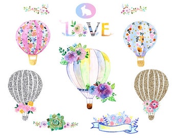 Watercolor hot Air Balloons Clipart. watercolor Flower clipart. Vintage Balloon clipart. balloon clipart. hot Balloons Clipart.