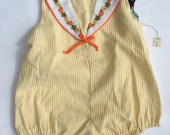 SALE Vintage 70s Yellow Pinstripe Romper/White and Yellow Pinstripe/new Dead Stock/Girls size 3t