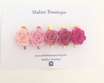 Ombre Pink Felt Flower Clips, Mini Clip 5 Set, Pink Flower Clips, Flower girl set, Boho Hair Clip, Fringe Clip, Side Of Head Flower Clip