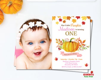 Pumpkin Birthday Invitation Girl. Fall Birthday Invitation. Little Pumpkin Is Turning One Photo Invite. A5