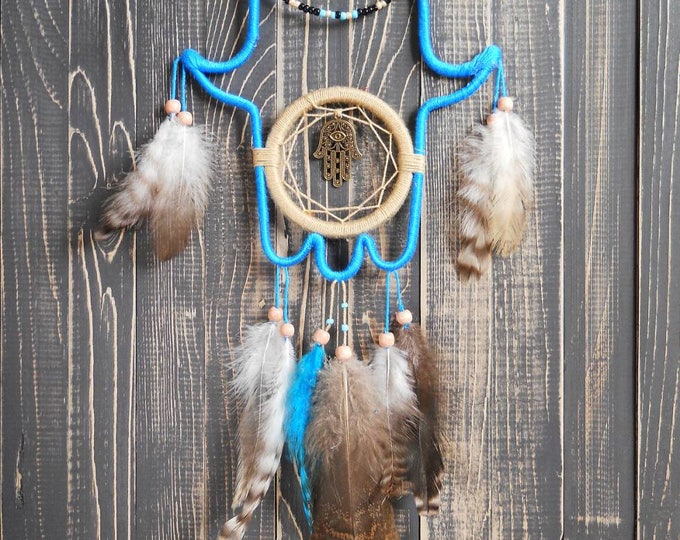 Dream catcher Hamsa blue Dreamcatcher hand of God dream catcher hamsa necklace hand of hamsa dreamcatcher jewelry hamsa decor