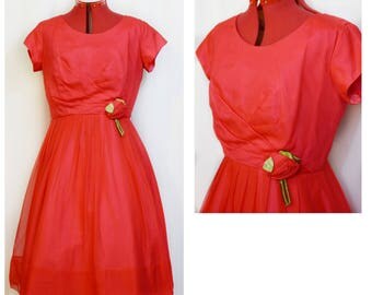 Red Chiffon 50s Party Dress with Fabric Rose