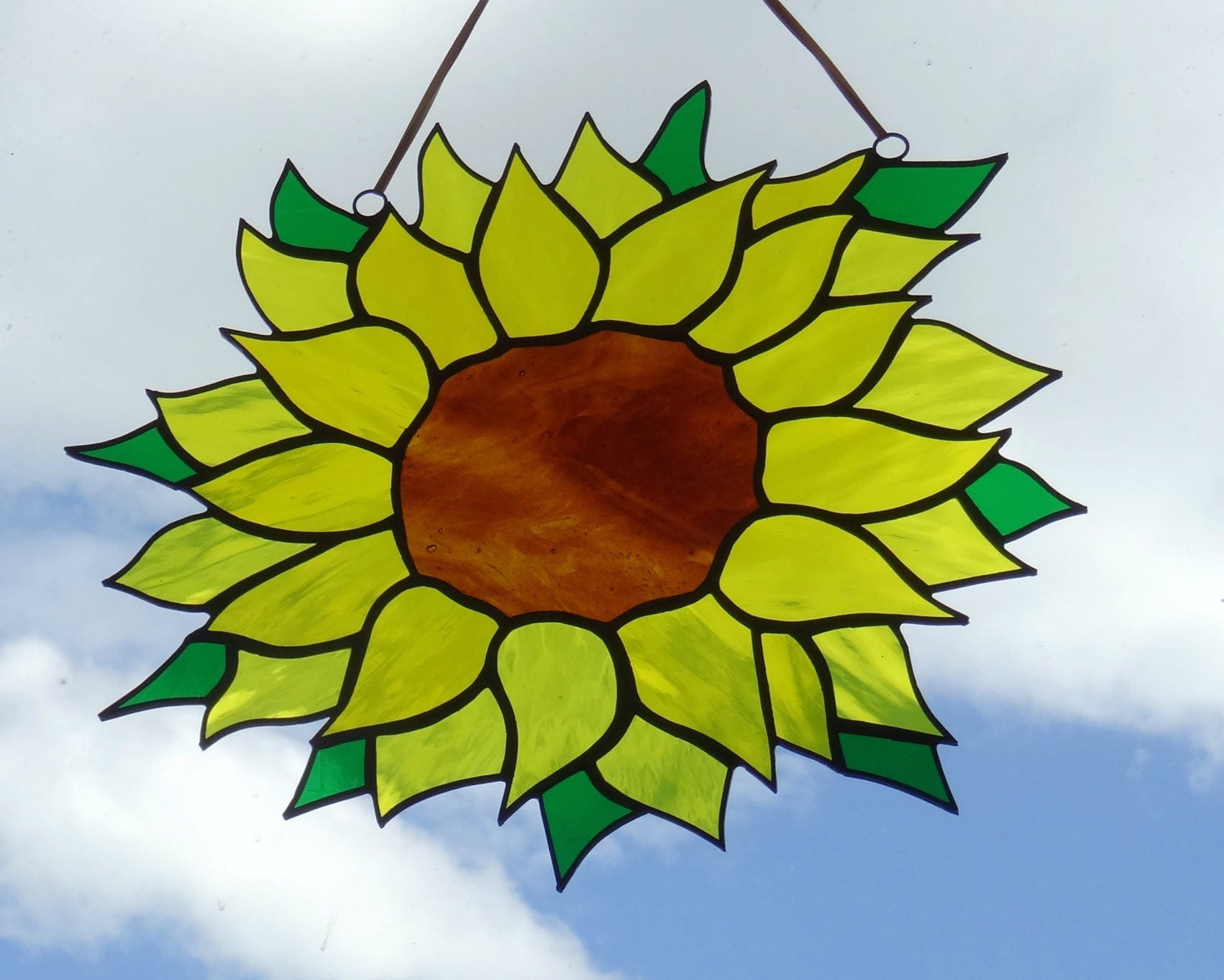 Sunflower stained glass window panel fused glass art