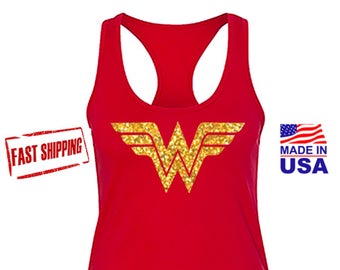 Wonder Woman Shirt Running Tank Top, Wonder Woman Marathon with Gold Glitter Emblem. Costume, Wonder Women Tank, FAST SHIPPING