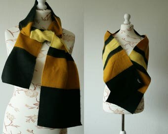 Vintage soft mustard yellow black striped scarf Vintage soft warm acrylic silk blend wide scarf Autumn winter hipster scarf Made in France