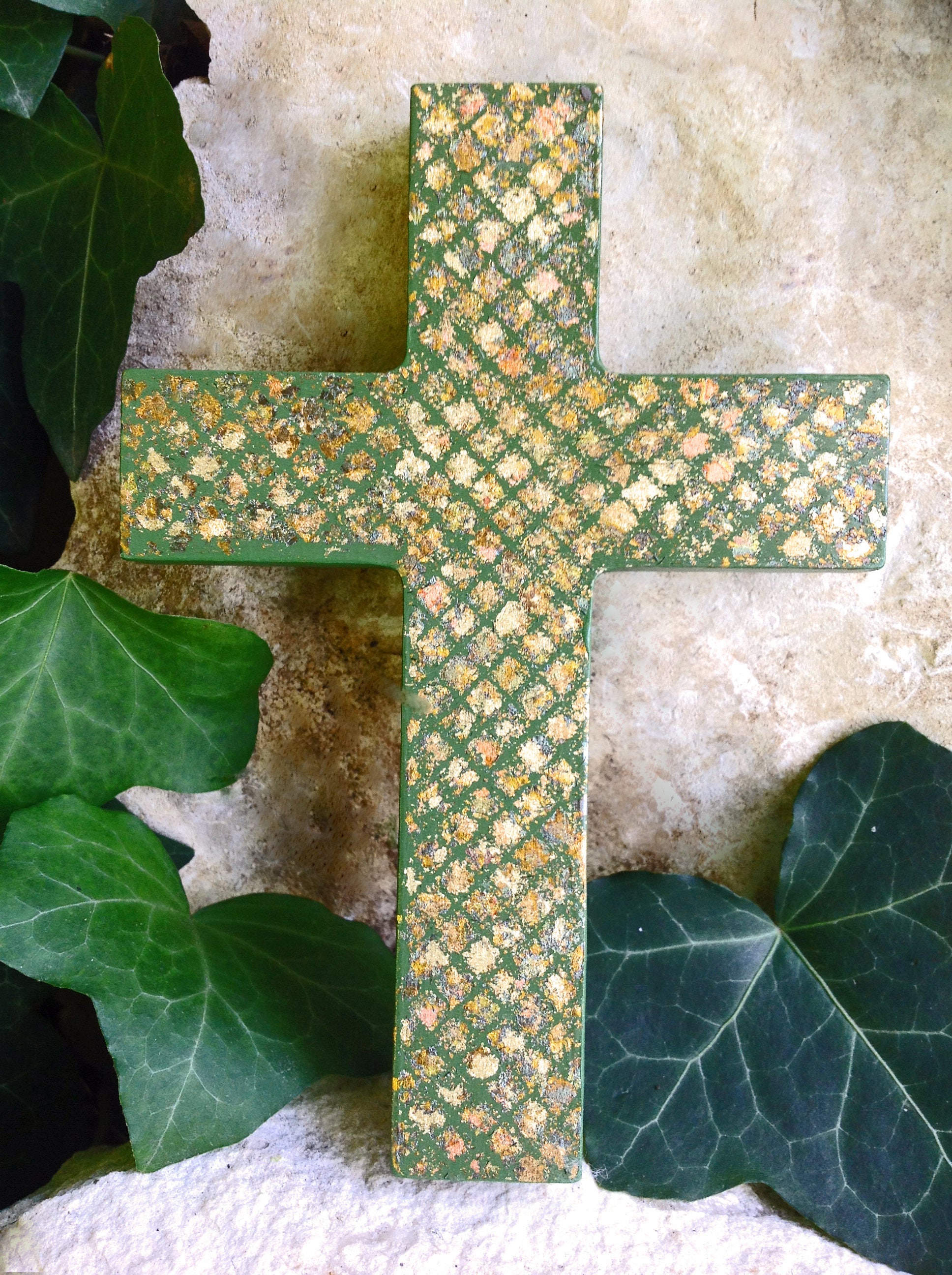 Gold Leaf Cross With Green Background Small Wall Cross