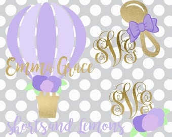 Baby Girl Svg, Monogram set, Baby Shower svg, It's a girl svg, baby, newborn svg, flower svg, hot air balloon, balloon svg, DXF, PNG, svg