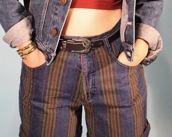 Vintage 90's High-Waisted Striped Denim Shorts