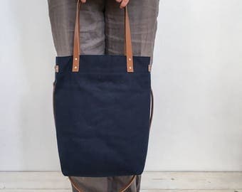Tote shoulder cross body bag canvas dark blue leather straps
