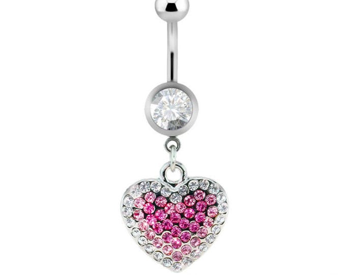 Two Tone Gem Paved Heart Dangle 316L Surgical Steel Navel Ring
