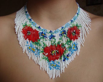 Red poppies Beaded necklace Flower necklace White necklace Colorful necklace Boho necklace Red white choker Gift for mother Bohemian jewelry