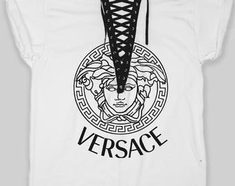 Versace luxury logo tumblr lace up laced up laceup lace-up lace t shirt dress long tee dress shirt lf inspired