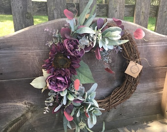 Fall wreath sunflower wreath purple wreath year round wreath door wreath Mother's Day wreath Housewarmomg wreath door wreath door decor