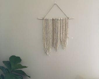 Medium yarn tapestry, wall hanging tapestry on white birchwood.