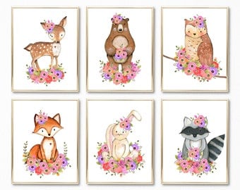Woodland Floral Art, Woodland Girl Bedroom Art, Woodland Girl Prints, Floral Woodland Print Set, Forest Animals Wall Art. Pink and Purple.