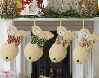 Personalized Fish Christmas Stockings, Burlap Christmas Stocking, Customized Christmas Stocking