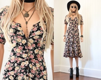 Black Floral Dress 90s Grunge Dress Floral Maxi Dress Boho Dress 90s Dress Floral Dress Vintage 90s Clothing Floral Maxi Bohemian Dress XS S