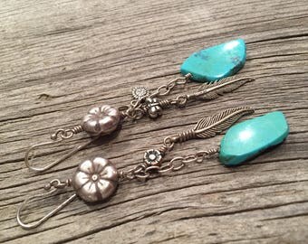 Turquoise and sterling silver flowers and feathers earrings