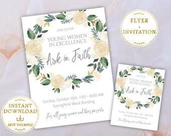 Young Women in Excellence LDS Invitation + Flyer Poster Sign Ask in Faith Editable PDF Template White Flowers, PRINTABLE