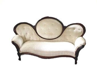 ON SALE Antique victorian settee/love seat/sofa in tufted white velvet