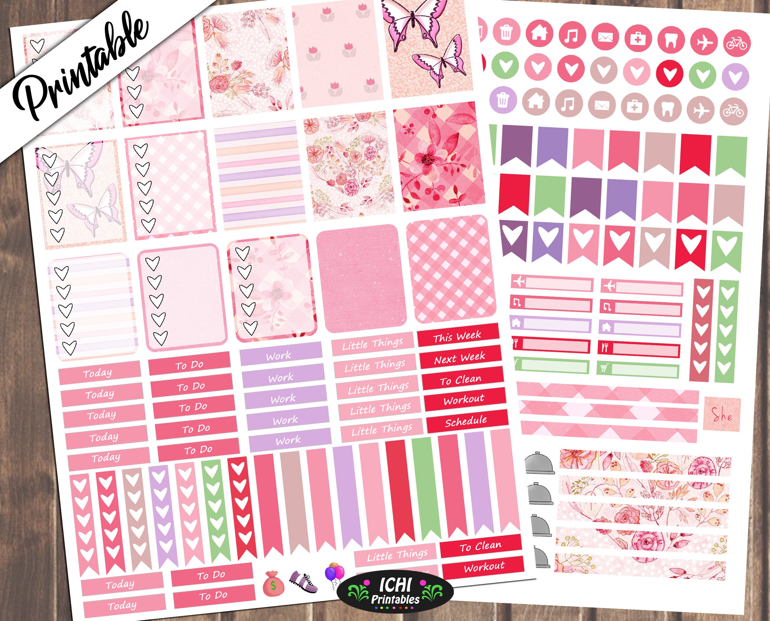 girly pink weekly planner kit floral printable stickers