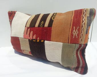Colorful Vintage Kilim Pillow Lumbar, Handwoven Decorative Turkish Kilim Pillow Lumbar 16x24 inches