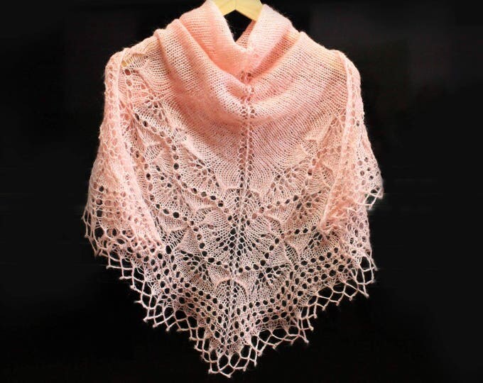 Knitted shawl scarf, knit shawl, peach shawl, mohair shawl, lace shawl, handknit shawl, crochet shawl, knitted scarf, crocheted shawl