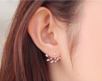 925 sterling silver, earjacket,CZ ear jacket, rose gold ear jacket, leave ear jacket, leaf ear jacket, pink gold ear jacket, silver ear jack