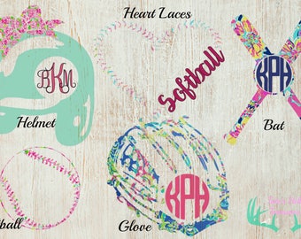 Lilly Pulitzer Inspired Softball Monogram Decal, Truck Decal, Car Decal, Yeti Cup Decal, Bottle Decal, Window Decal, Laptop Decal, Sports