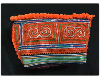 Vintage Handmade Tribal White Hmong embroidered batik cotton makeup bag