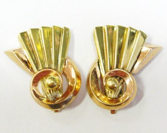 14K Two Tone Retro Fan Earrings (M.C. Mossalone) - X2767