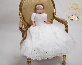 Elina Baby White or Ivory Christening Gown Baptism Dress with Gorgeous Lace sleeves full skirt Heirloom Gowns baby Bonnet Baby headband