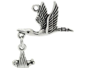 SET of 3 charms stork with baby Silver (C27)