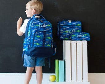 Personalized Boys Backpack Pencil Case Lunch Box Set,Monogrammed Blue Shark Backpack,Embroidered Backpack,Ring Bearer Gift