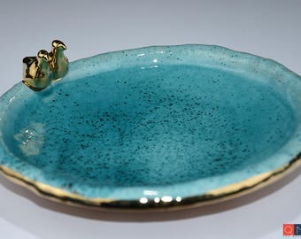 Gold-birds Large Turquoise Plate, Handmade Luxury Ceramic, Melbourne