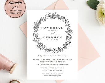 Floral Wreath Wedding Invitation Template Download, Printable Editable Wedding Invitation Template, Wedding Invitation PDF Instant Download.