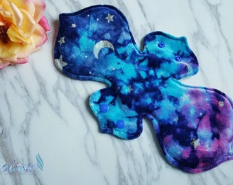 Ultra thin reusable Feminine menstrual cloth pad with hand dyed organic bamboo velour topper, SHORBF, Powershield backer- moon and stars