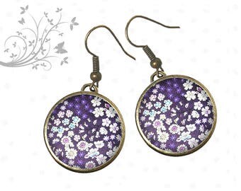Boucles D'oreilles Pendantes Cabochon Fleurs Violette - Fait Main, Acier Inoxydable - Neuf Avec étiquettes
