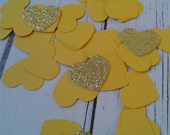 Yellow heart confetti, wedding confetti, paper confetti, glitter confetti, bridal shower confetti, paper hearts, party confetti, confetti.