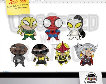 Chibi Spiderman and friends SVG patterns and PNG images with excellent resolution, papercraft applications and more, Marvel chibi heroes