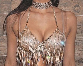 Crystal Body Chain Harness Bralette Women Cage Bra Body Chain Jewellery Bikini Tassel Beach Harness Slave Necklace Fashion Body-chains