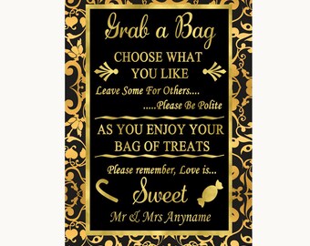 Black & Gold Damask Grab A Bag Candy Buffet Cart Sweets Wedding Sign