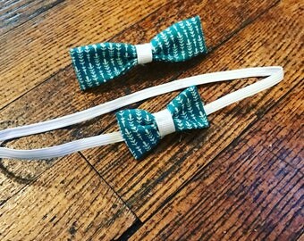 Turquoise patterned Mini Bow headband and matching bowtie