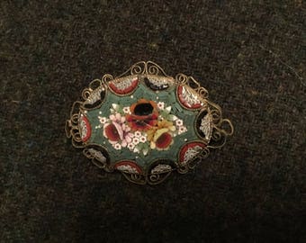 Micro Mosaic and filigree floral italian brooch