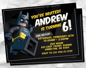 Lego Batman Invitation, Lego Batman Invitations, Lego Batman Birthday, Lego Batman Party, Movie Invites, Lego Invite, Batman Card Printables