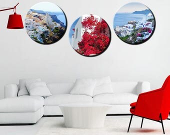 Greece round canvas art, circle wall art design, landscape wall art design, santorini canvas prints, Santorini photo canvas