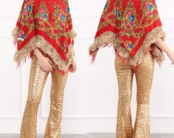 gold sequin flare pants