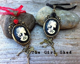 Black Lolita Skeleton Cameo Necklace-Choice of Rose Color