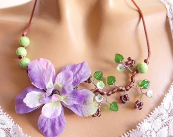 Purple and ceramic floral branch necklace green.