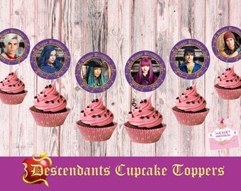 Descendants 2 Cupcake Toppers 6 characters Mal, Evie, Uma, Ben, Carlos and Jay- HAPPY BIRTHDAY TOPPERS! -Instant Download!